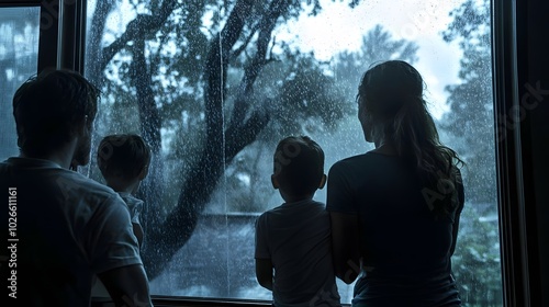family looking out a window during hurricane rainstorm.