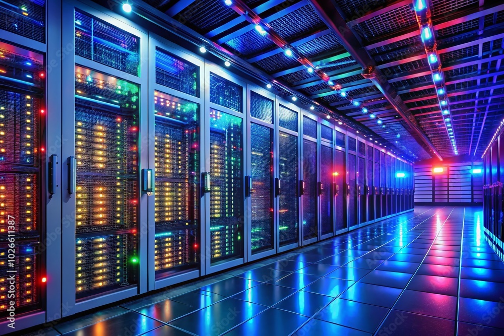 Detailed view of server cabinets in a cutting-edge supercomputer facility, featuring vibrant flashing lights and 3D illustrations, captivating Detailed view of server cabinets in a cutting-edge supercomputer facility, featuring vibrant flashing lights and 3D illustrations, captivating