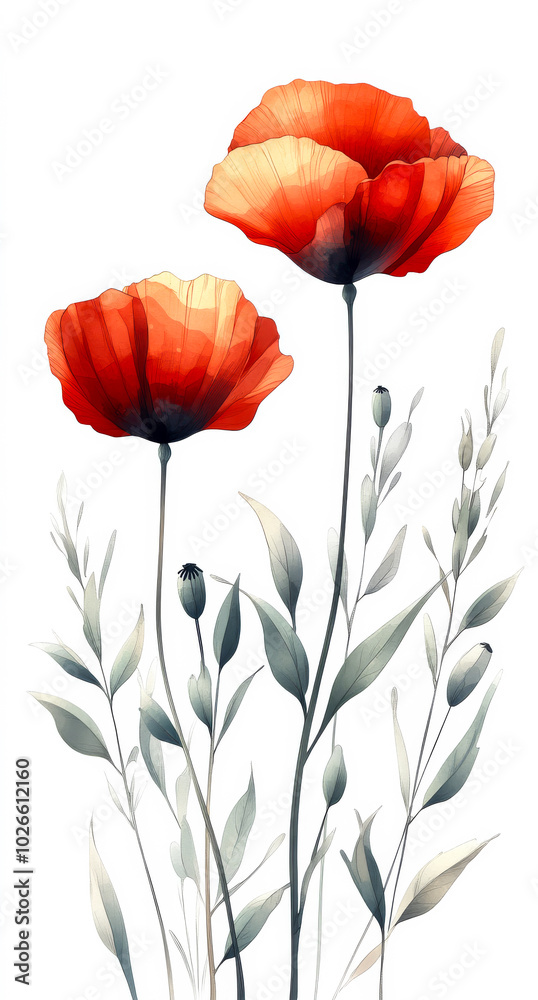 Fototapeta premium Two red flowers with green leaves. The flowers are in the foreground and the leaves are in the background.