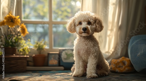 A Poodle Dog at Home in Natural Light, Hyperrealistic Postprocessed AR Generative AI photo