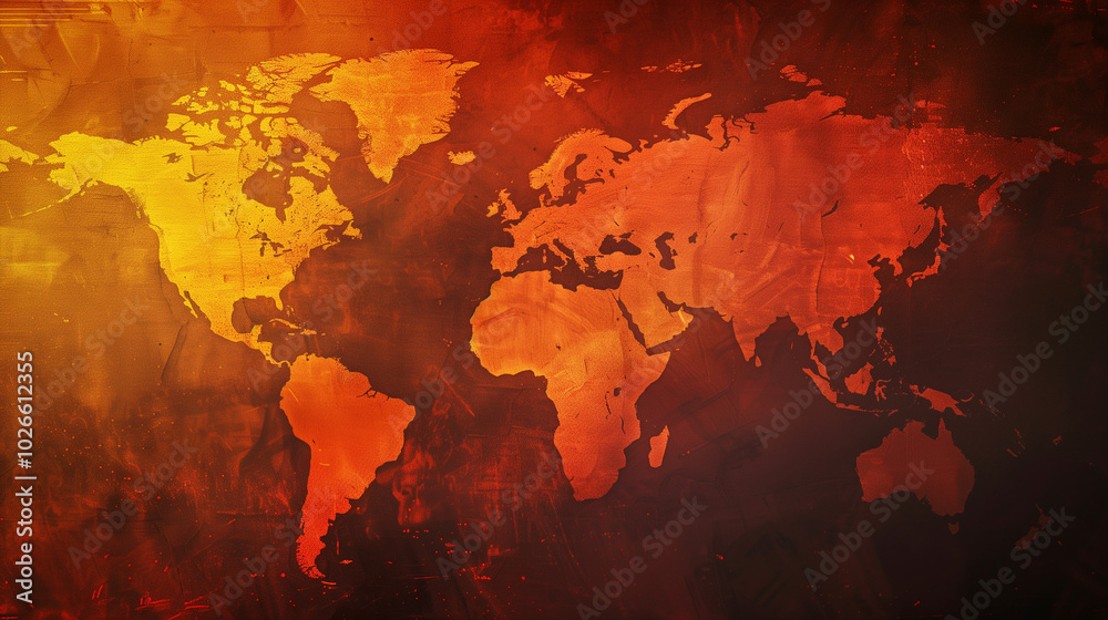 World map rendered in fiery orange and red hues. Continents outlined ...