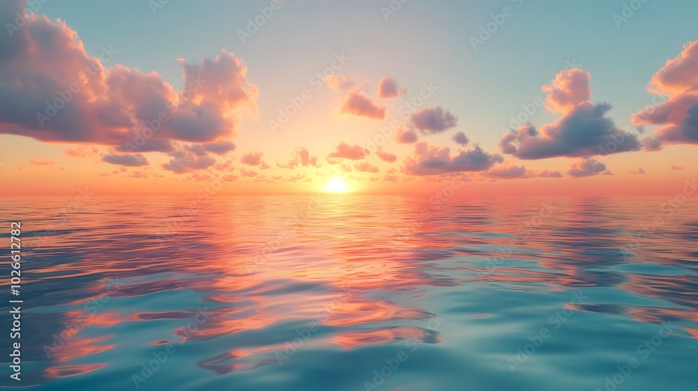 Obraz premium A peaceful sunset over the ocean, with colorful clouds reflecting on the water
