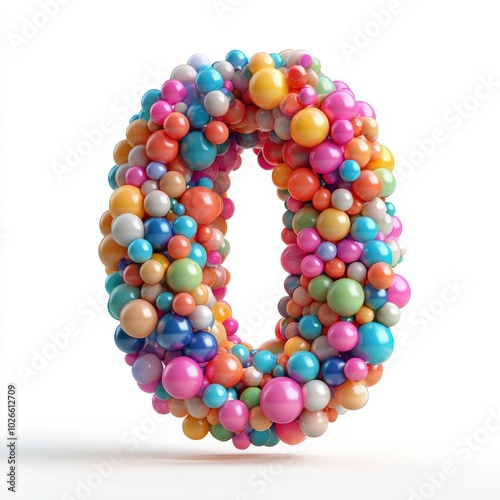 3D number 0 with colored balls texture realistic modern design, soft lighting, white background 