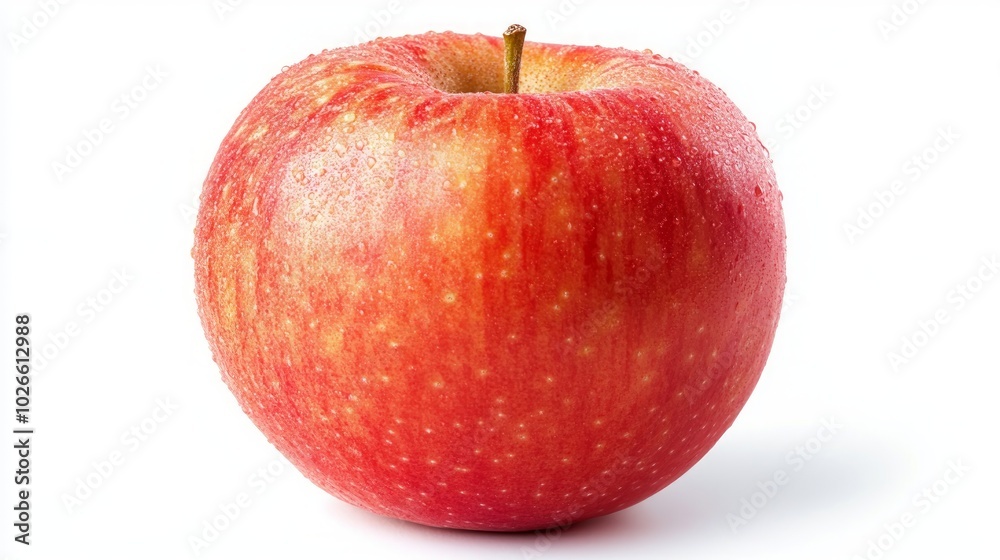 A single, ripe red apple with water droplets on its skin, isolated against a white background. A single, ripe red apple with water droplets on its skin, isolated against a white background.