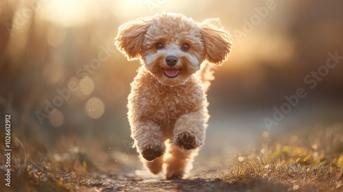 A poodle dog walking on two legs in natural light, hyperrealistic postprocessed AR Generative AI photo