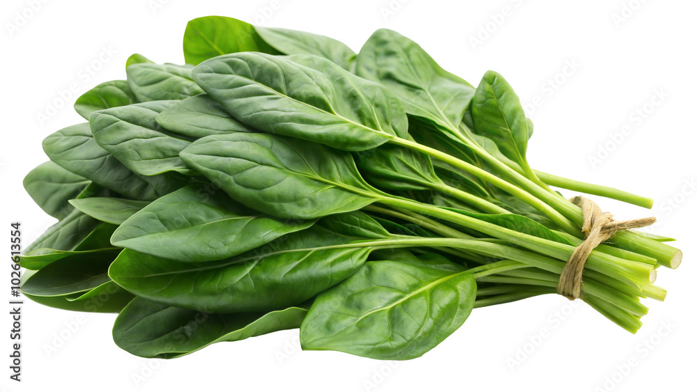 Fresh spinach leaves, vibrant green color, isolated on a transparent or white background.