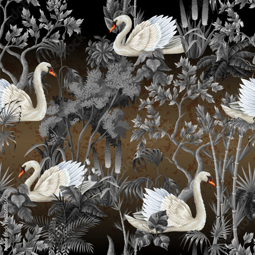 Seamless pattern with white swans and plants on the dark gold background. Vector.