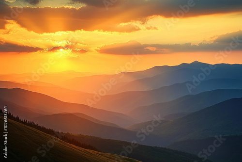 Sunset over majestic mountains, painted sky with hues of orange, purple, and pink. Silhouettes of trees in foreground add depth to serene scene.