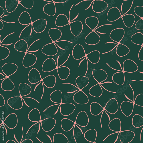 Hand drawn pink bows seamless repeat pattern on dark green background. Random placed, vector ribbons aop, all over surface print.