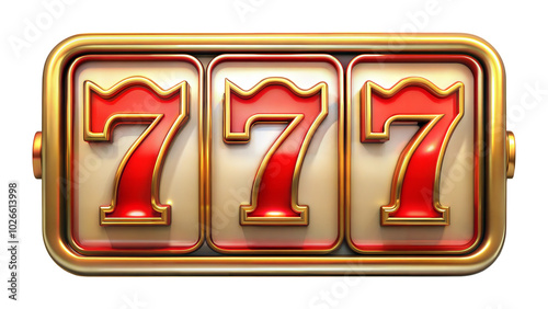 Three golden slot machine reels displaying the number seven. Isolated on a transparent or white background