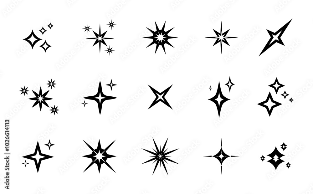 Shine or sparkle star set in stroke style vector illustration in black color. Sparkle star icons. Shine icon. Stars sparkle doodles vector. Shine or sparkle star set in stroke style vector illustration in black color. Sparkle star icons. Shine icon. Stars sparkle doodles vector.