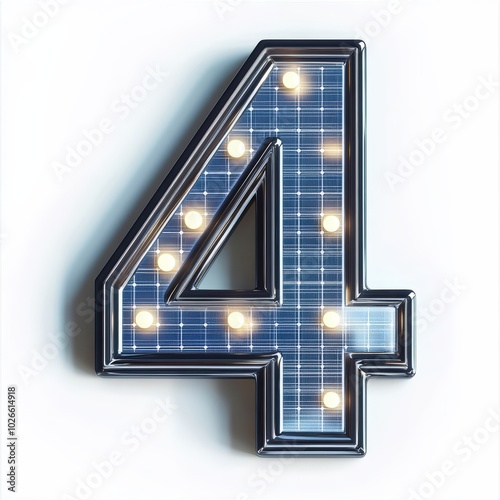 3D number 4 with solar panel texture realistic modern design, soft lighting, white background 