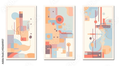 Set of three  frame wall art geometric shapes in irregular block colors, designed in a vintage style.  