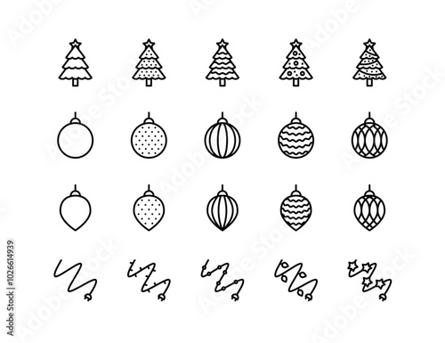 Festive Christmas Tree & Ornament Icons - Decorative Vector Set for Holiday Designs | Christmas Lights, Baubles & Festive Elements