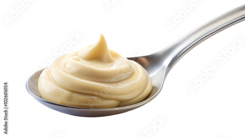 Spoonful of creamy mayonnaise on a silver spoon, transparent or white background.