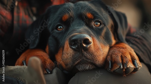 Rottweiler Lying Next to Owner Pointing Down with Finger, Natural Light, Hyperrealistic Generative AI