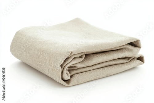 A neatly folded beige linen fabric on a white background.