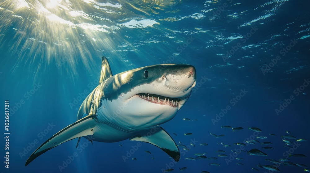 Obraz premium Great white shark in deep blue ocean