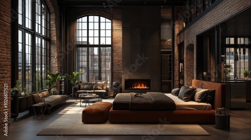 A spacious loft bedroom with exposed brick walls, large windows, and a modern fireplace.