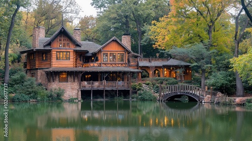 A large wooden house sits on the edge of a tranquil pond with a stone bridge in the foreground. The house has a large porch, a stone foundation, and a variety of windows