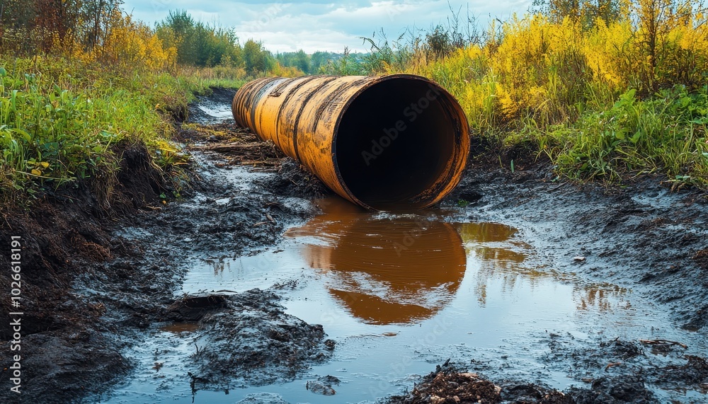 Industrial wastewater pipe surrounded by muddy landscape and vegetation Industrial wastewater pipe surrounded by muddy landscape and vegetation