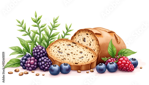 Artistic arrangement of sliced bread and mixed berries on a clean white background with fresh herbs 