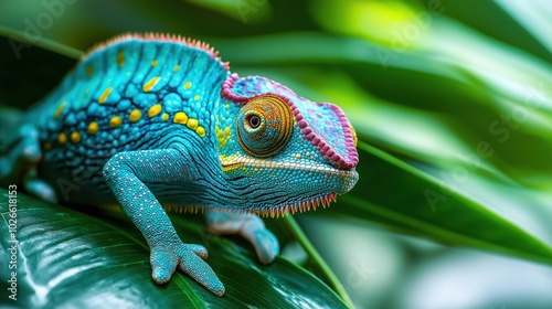 Colorful chameleon on tropical leaf