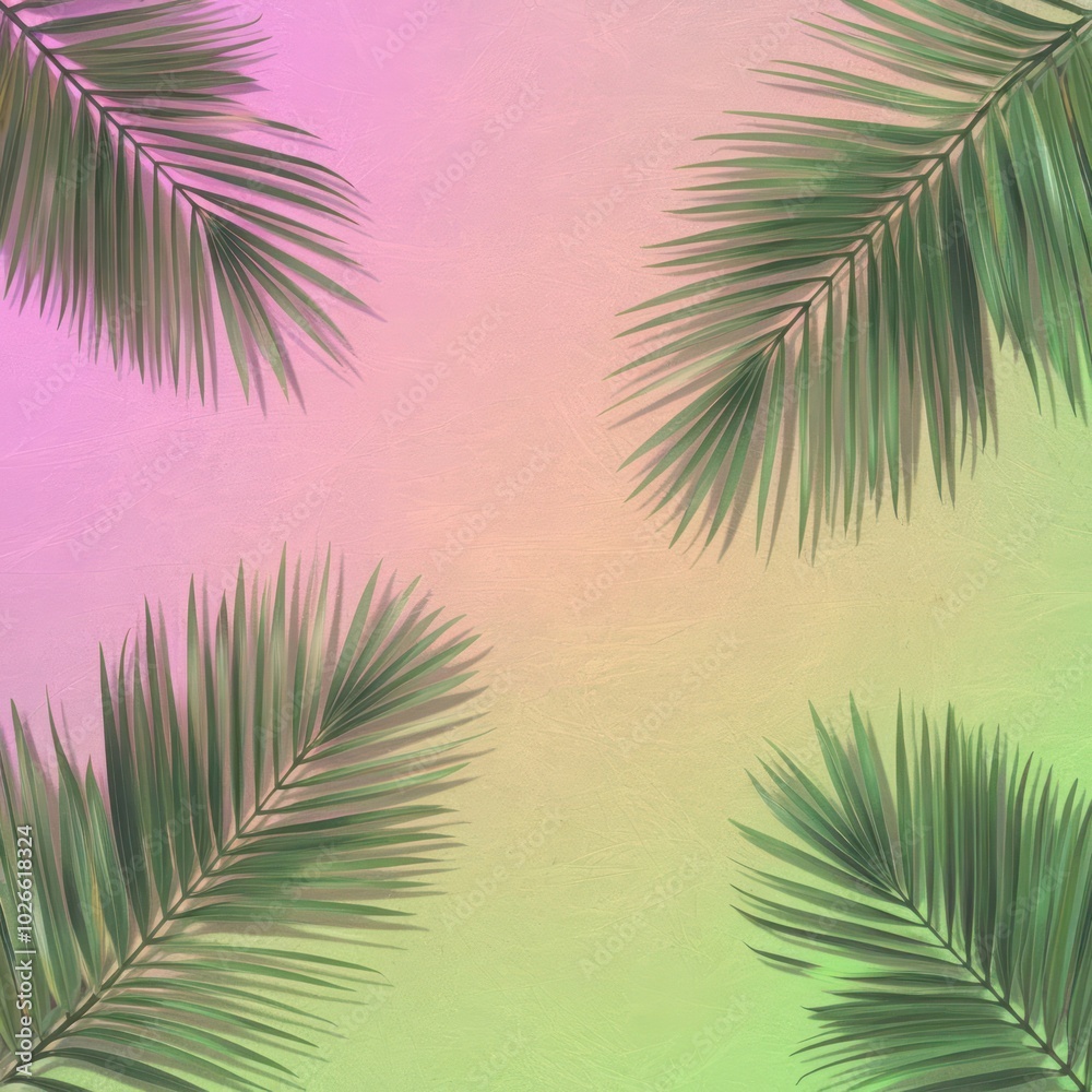 Fototapeta premium Tropical Palm Leaves Against a Soft Pastel Gradient Backdrop During a Summer Sunset