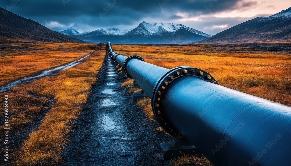 Pipe expansion mechanism in a rugged landscape during a dramatic sunset Pipe expansion mechanism in a rugged landscape during a dramatic sunset