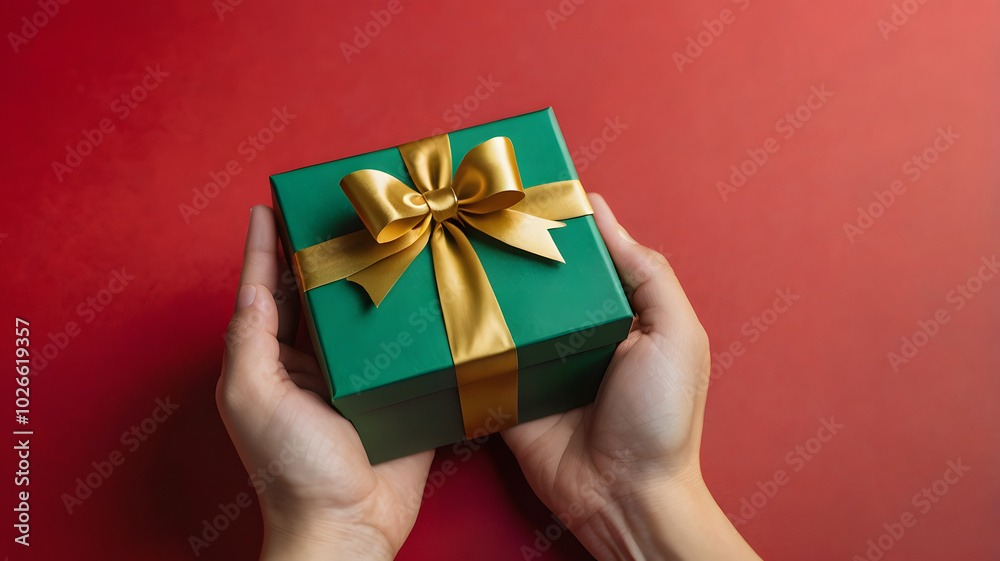 Gift of Joy: A pair of hands gently cradles a beautifully wrapped green gift box adorned with a golden ribbon, radiating warmth and anticipation. Gift of Joy: A pair of hands gently cradles a beautifully wrapped green gift box adorned with a golden ribbon, radiating warmth and anticipation.