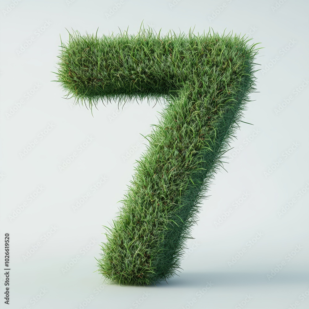 3D number 7 with grass texture realistic modern design, soft lighting, white background
