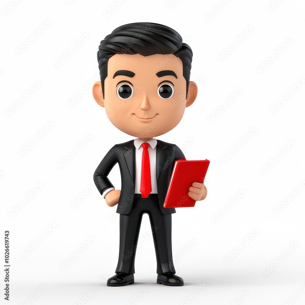 A cartoonish businessman holding a red folder, dressed in a suit and tie. A cartoonish businessman holding a red folder, dressed in a suit and tie.