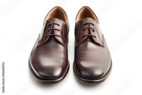 Stylish brown leather dress shoes on a white background, showcasing their elegant design and craftsmanship.