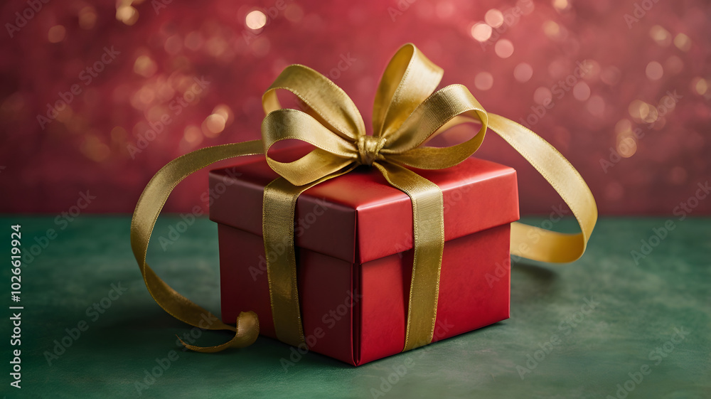 Red Gift Box with Gold Ribbon: A captivating image of a luxuriously wrapped red gift box adorned with a gleaming gold ribbon, set against a bokeh background of warm festive colors. Red Gift Box with Gold Ribbon: A captivating image of a luxuriously wrapped red gift box adorned with a gleaming gold ribbon, set against a bokeh background of warm festive colors.