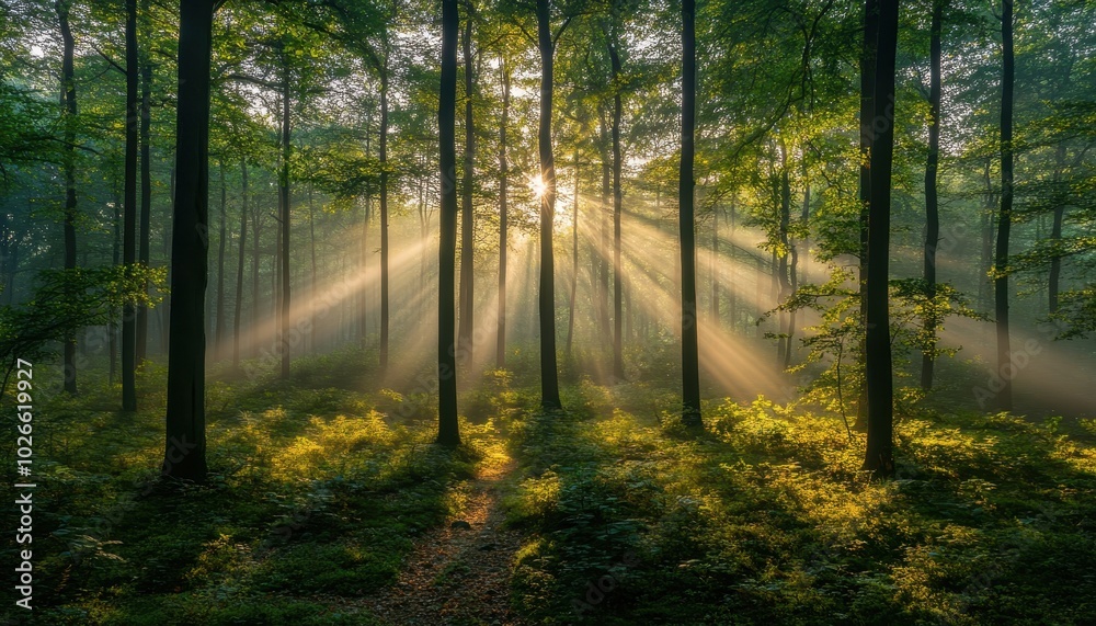 Obraz premium Morning light filters through trees in a serene forest landscape