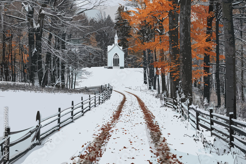 Beautiful scenery with a wooden church in a winter forest surrounded by frozen and covered snow trees in a frosty sunny day in Russia