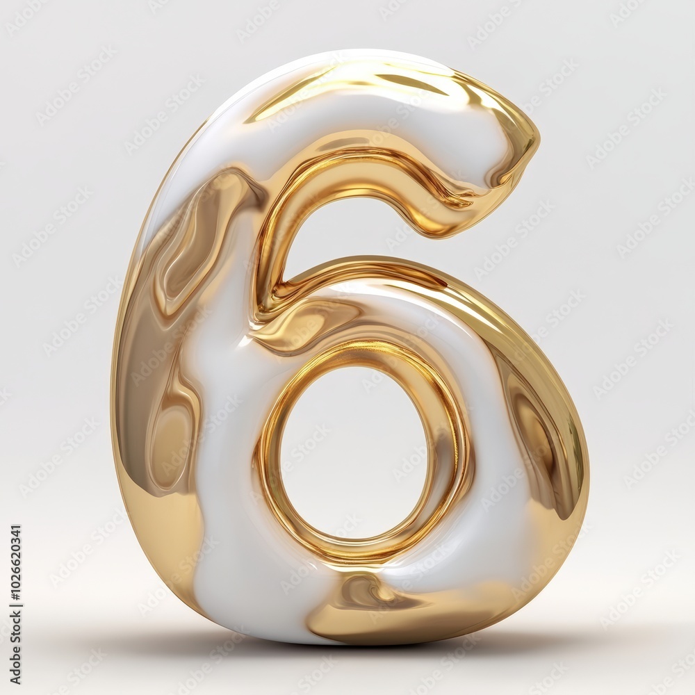 3D number 6 with gold texture realistic modern design, soft lighting, white background 