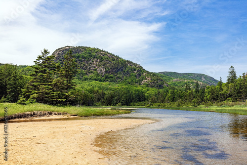 Acadia National Park landscape and mountain with stream, Mount Desert Island Maine, USA.