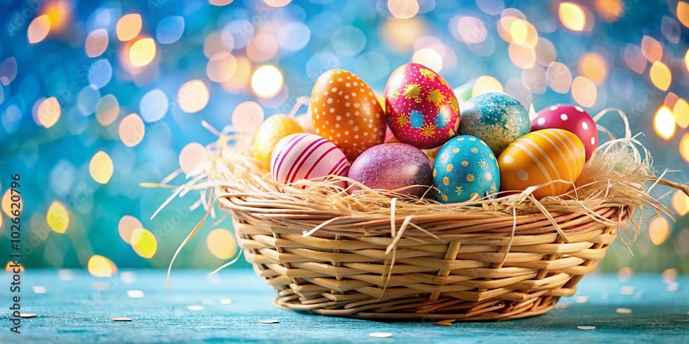 Easter Colorful Eggs in a Basket with Bokeh Effect on Blue Background for Spring Celebrations Easter Colorful Eggs in a Basket with Bokeh Effect on Blue Background for Spring Celebrations
