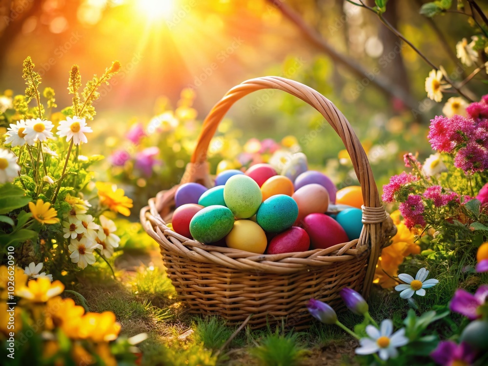 Easter Eggs in a Basket Surrounded by a Blooming Garden for Spring Celebrations Easter Eggs in a Basket Surrounded by a Blooming Garden for Spring Celebrations