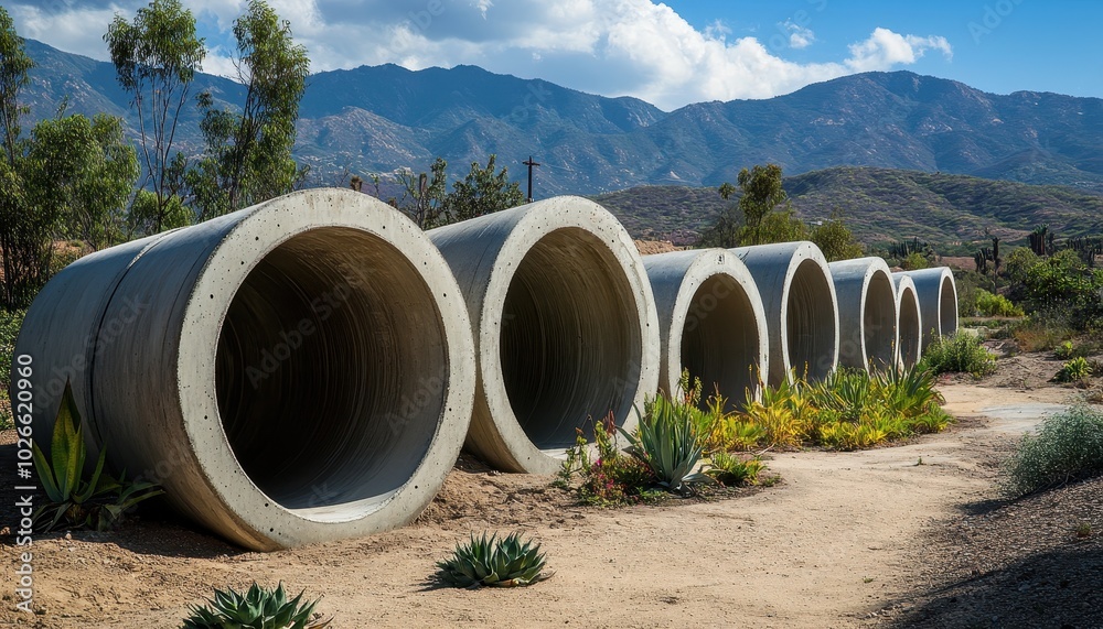 Strong and durable concrete pipes lined up in a natural landscape under blue skies Strong and durable concrete pipes lined up in a natural landscape under blue skies