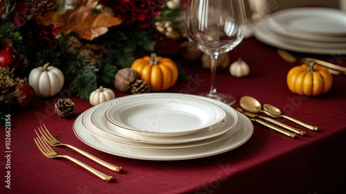 Elegant Autumn Table Setting with White Plates, Gold Cutlery, and Fall Decorations on Red Tablecloth in Cinematic Product Photography Style