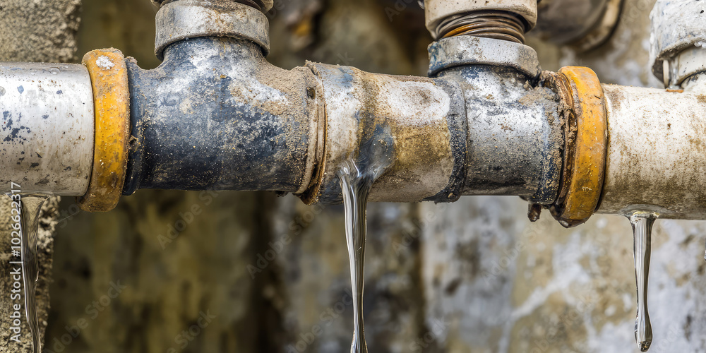 Close-up of water dripping from a pipe joint in an apartment. Leakage, dripping, repair of plumbing. Close-up of water dripping from a pipe joint in an apartment. Leakage, dripping, repair of plumbing.