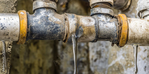 Close-up of water dripping from a pipe joint in an apartment. Leakage, dripping, repair of plumbing.