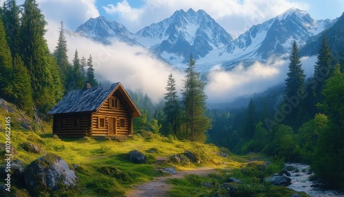 Stunning log cabin with mountain backdrop and lush greenery in serene landscape