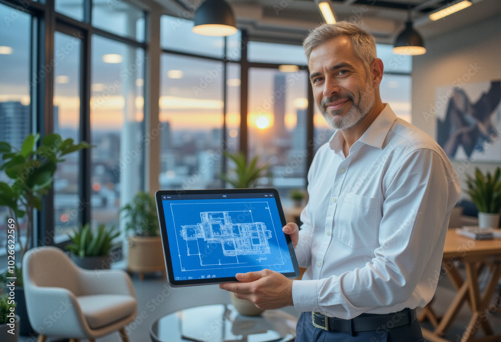 a photo of a businesswoman businessman executive architect holding tablet computer, showing an infographic on a tablet iPad, in a modern business office building a photo of a businesswoman businessman executive architect holding tablet computer, showing an infographic on a tablet iPad, in a modern business office building