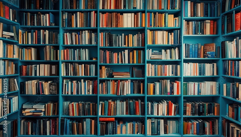 custom made wallpaper toronto digitalDusting shelves in a bright blue bookshelf filled with neatly organized books