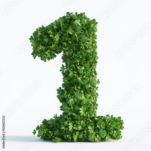 3D number 1 with parsley texture realistic modern design, soft lighting, white background 