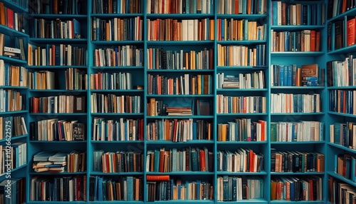 Dusting shelves in a bright blue bookshelf filled with neatly organized books