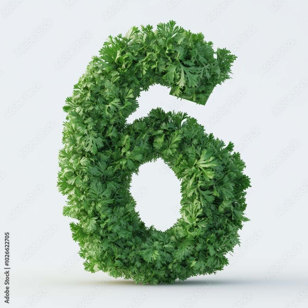 3D number 6 with parsley texture realistic modern design, soft lighting, white background 3D number 6 with parsley texture realistic modern design, soft lighting, white background